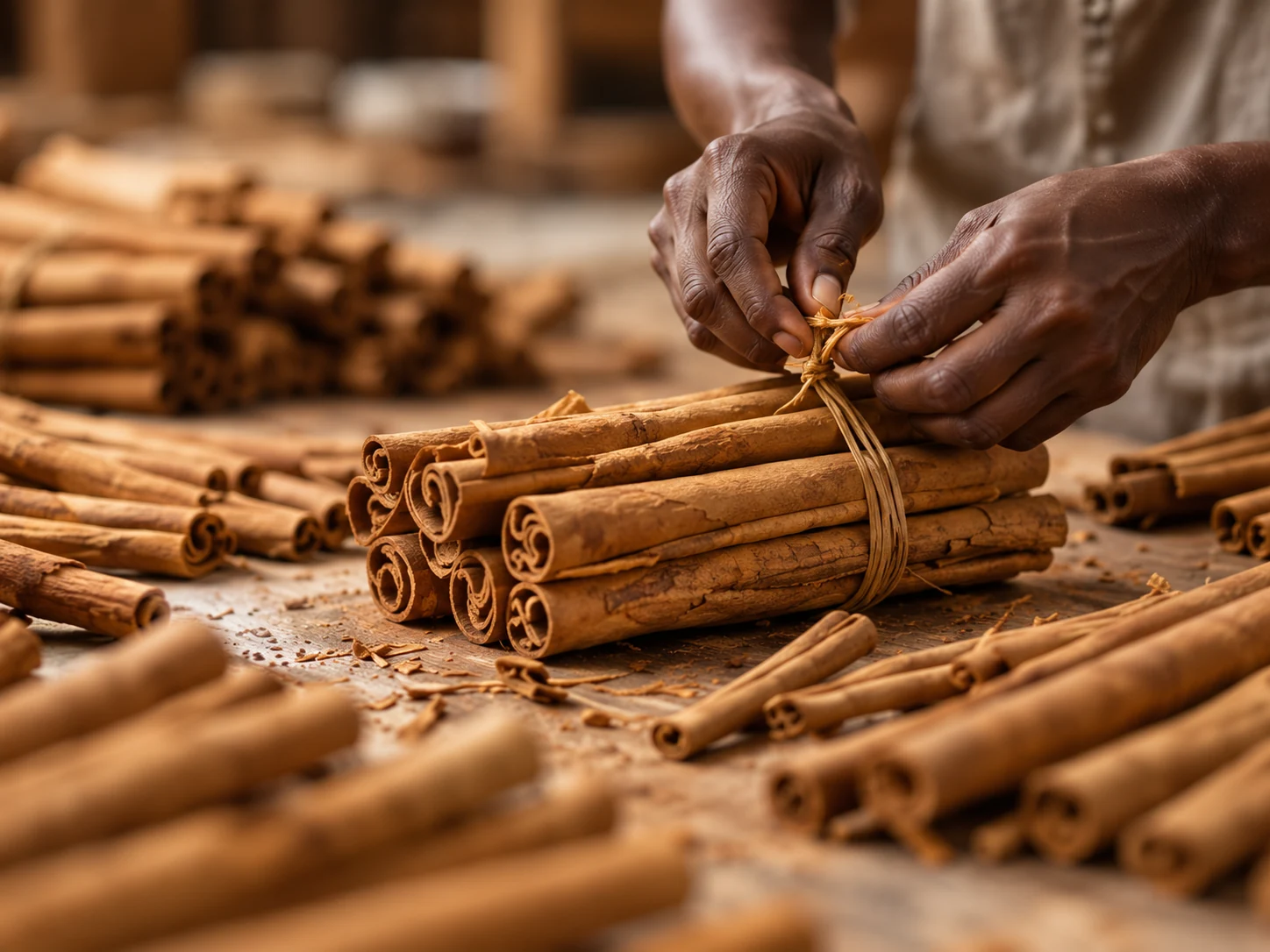 Cinnamon quills being sorted and bundled