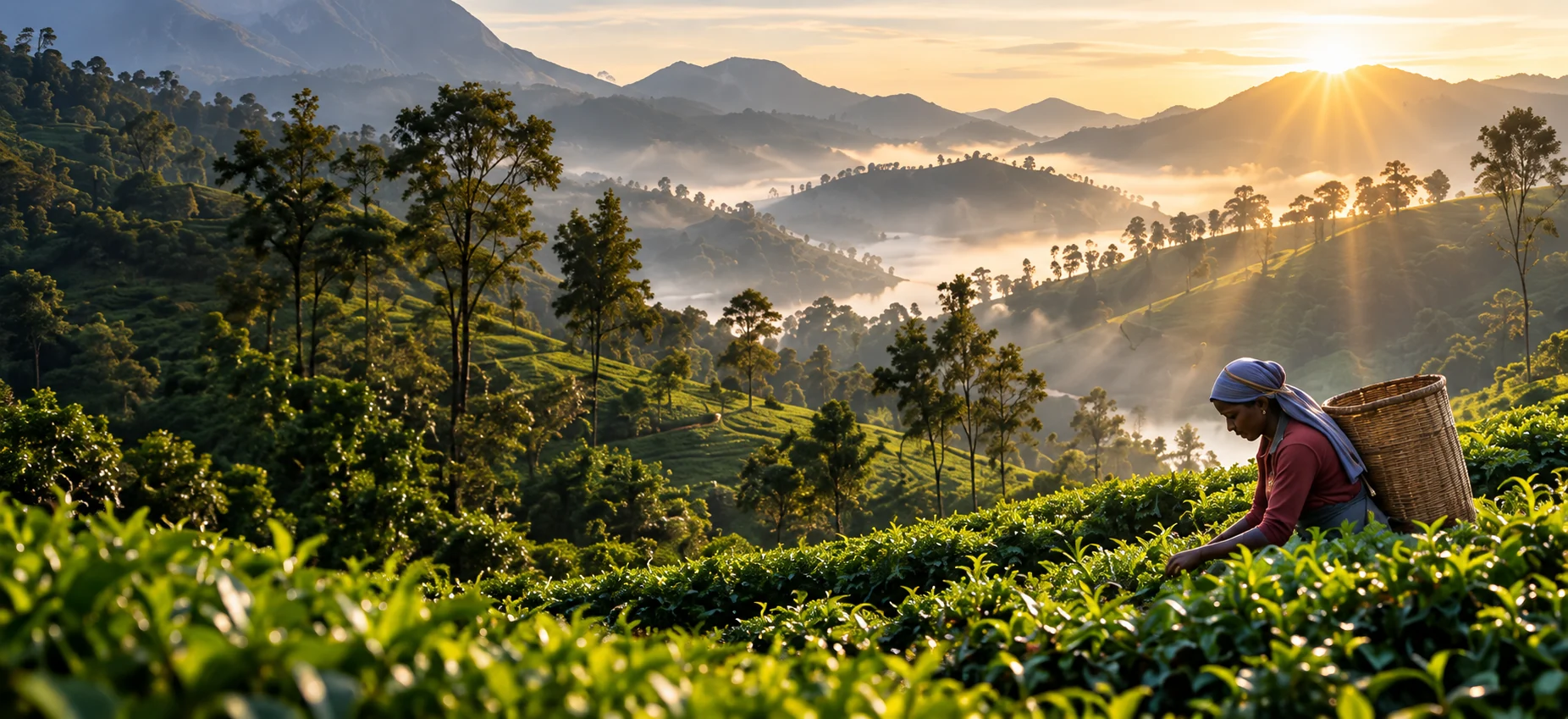 Tea-growing hills in Sri Lanka at sunrise