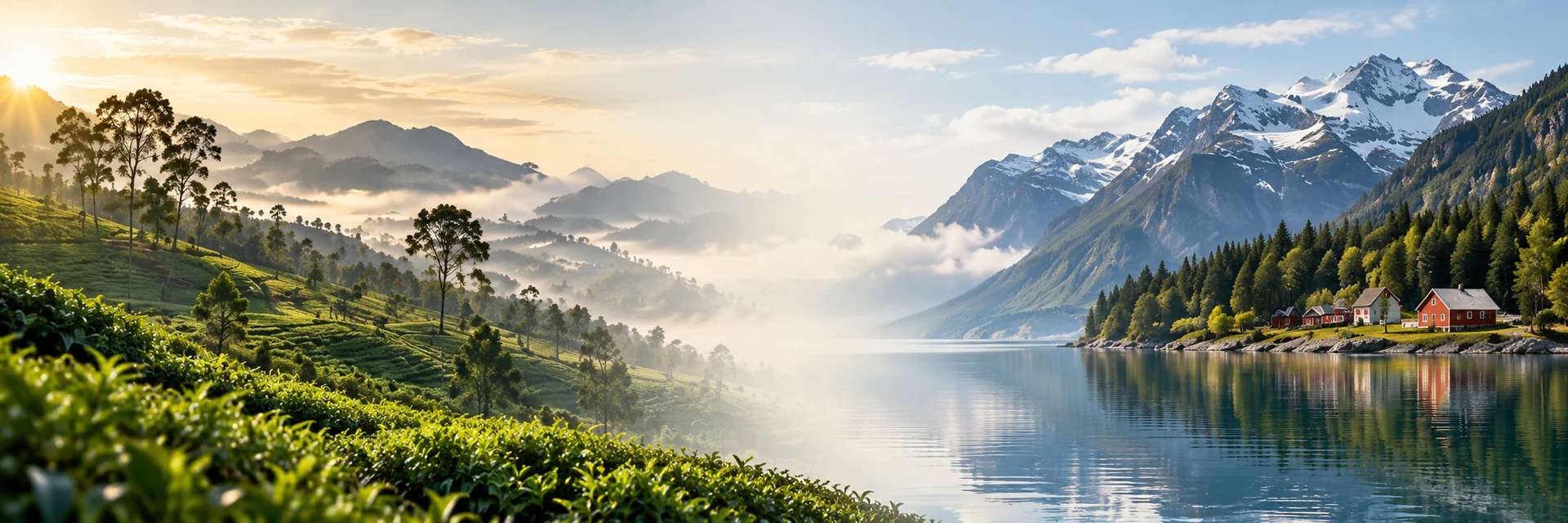 Sri Lankan tea hills alongside a Nordic fjord landscape